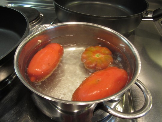 Tomaten kurz in kochendem Wasser blanchieren (1 Minute), damit sie sich häuten lassen